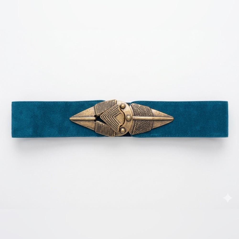 Teal Suede Belt Ornate Antique Brass Buckle boho vintage waist belt bohemian y2k